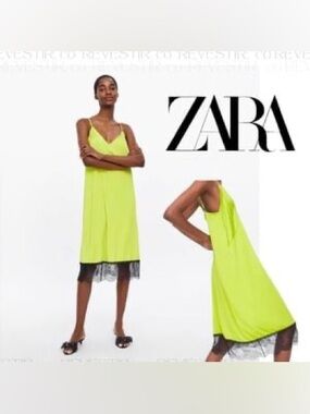 ZARA NWOT Blogger Favorite Chartreuse Slip Midi Dress w/ Black Lace Trim